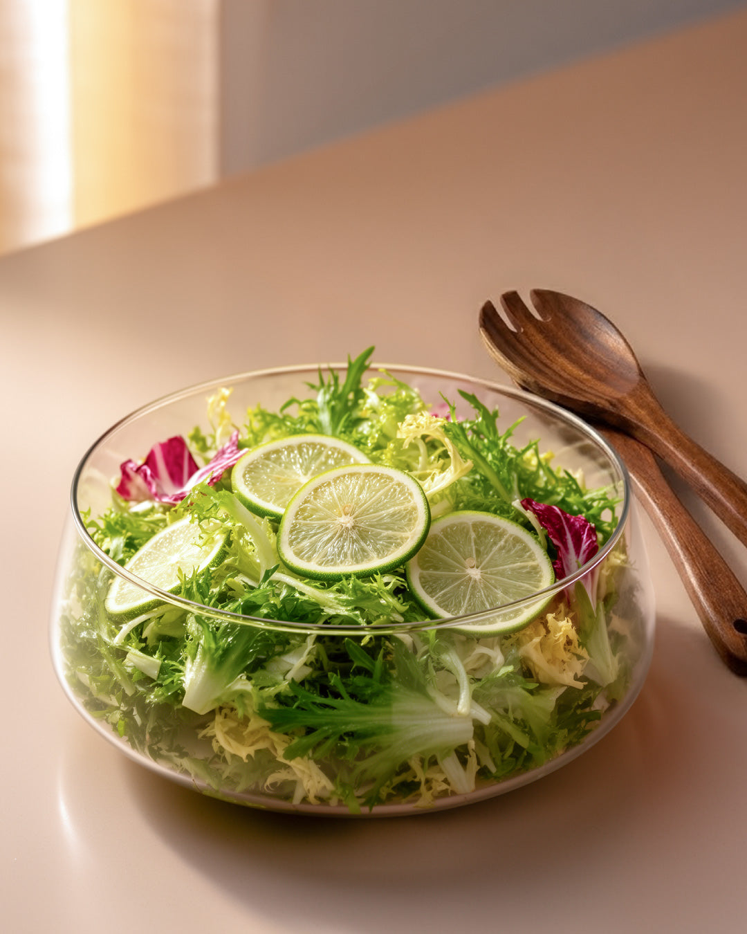 Ensaladera de vidrio con cubiertos de ensalada y soporte