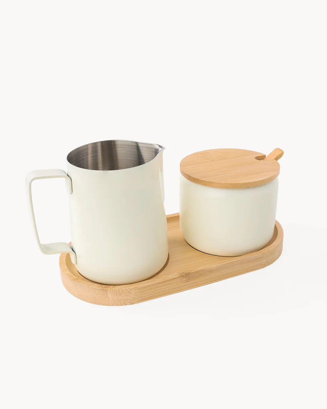 Set de leche y azúcar de acero inoxidable con bandeja de bambú