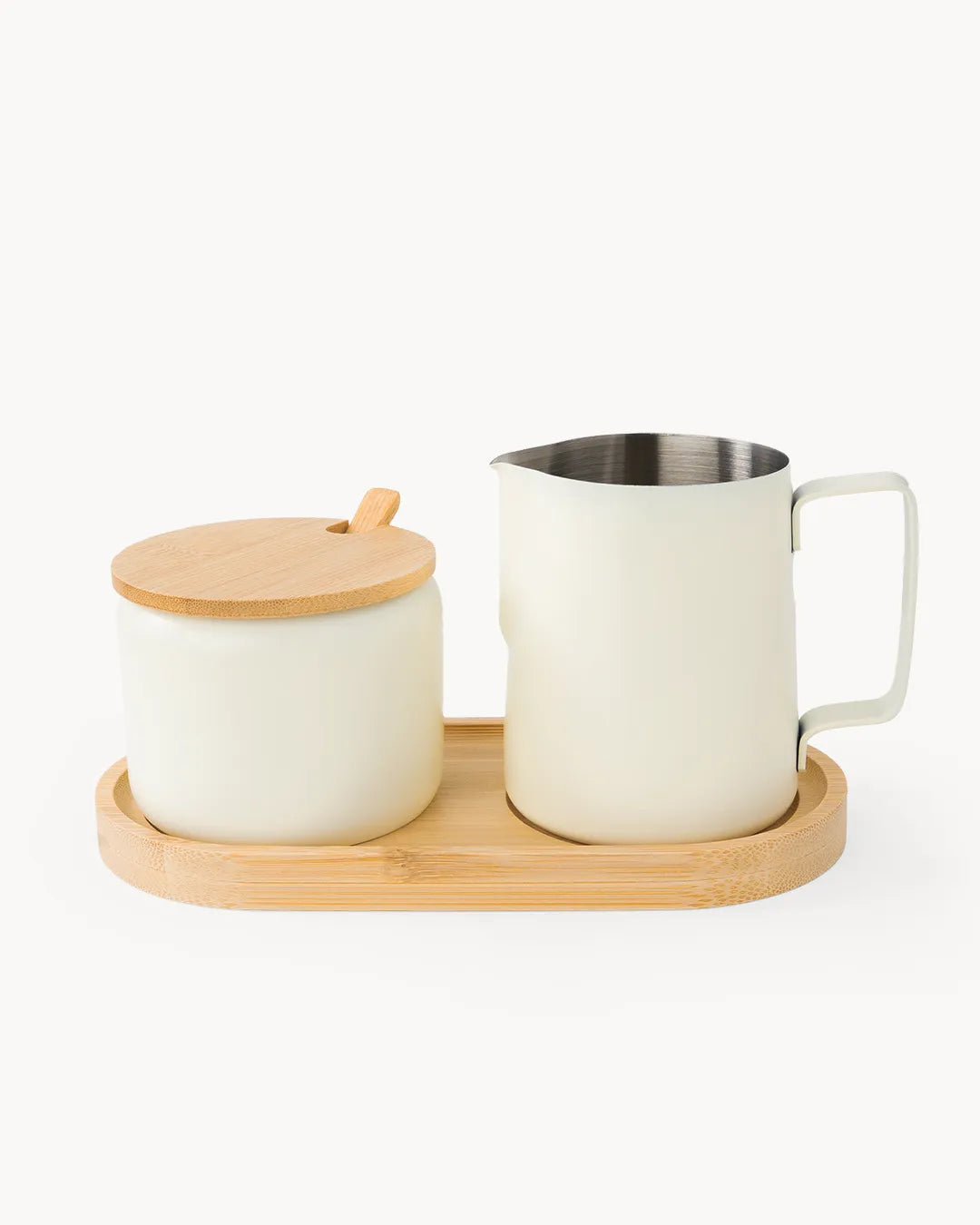 Set de leche y azúcar de acero inoxidable con bandeja de bambú