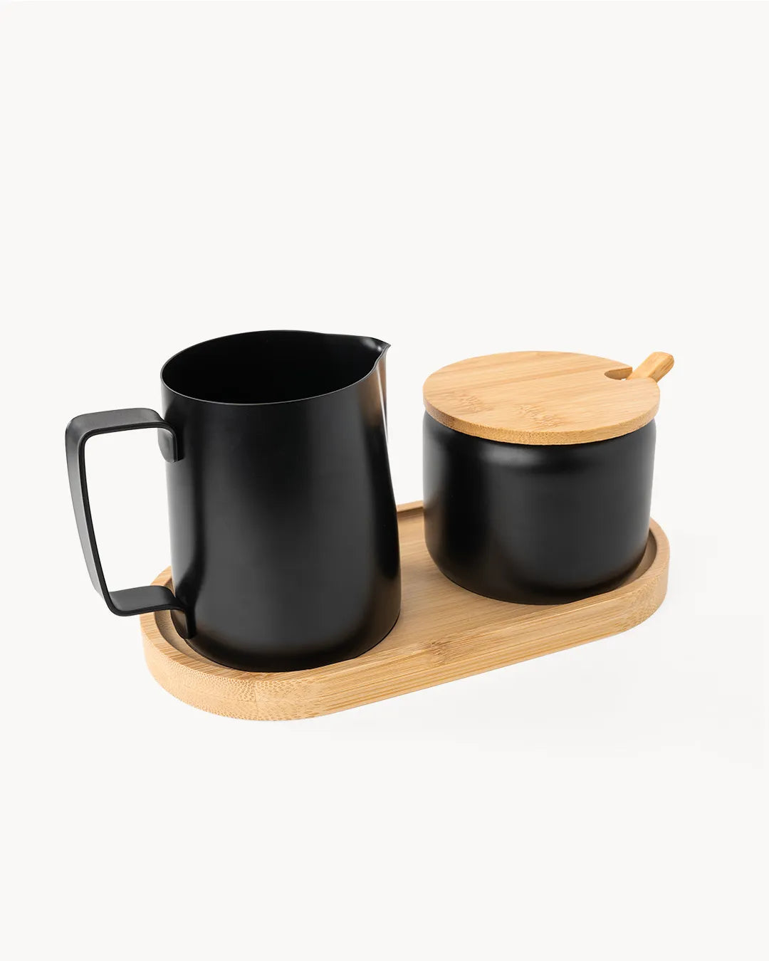 Set de leche y azúcar de acero inoxidable con bandeja de bambú