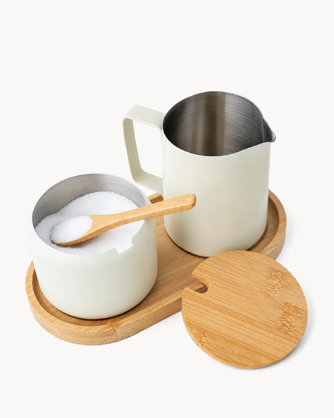Set de leche y azúcar de acero inoxidable con bandeja de bambú